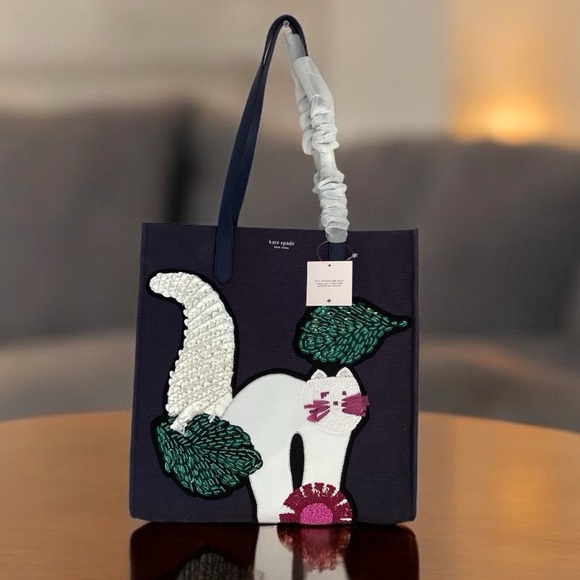 KATE SPADE NWT KITT LARGE NORTH SOUTH TOTE HANDBAG BLAZER BLUE CAT EMBELLISHED - Picture 2 of 7